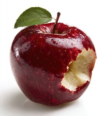 A glossy, red apple with a bite taken out, displaying its crisp, white flesh. A green leaf and stem add natural detail on a white background