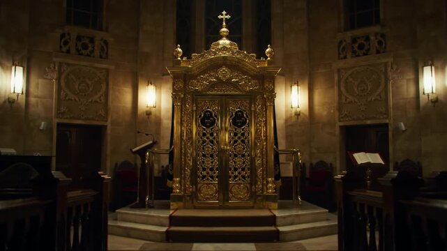 Ornate golden doors stand prominently in a dimly lit church sanctuary, flanked by pews and decorative wall panels.