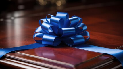 Elegant blue ribbon bow adorns polished wooden surface, hinting at thoughtful gifts and special occasions