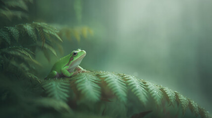 Green frog sitting on fern leaf. Defocused photo, bokeh background.