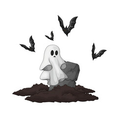 Cartoon ghost emerging from a grave with bats flying overhead in a spooky atmosphere
