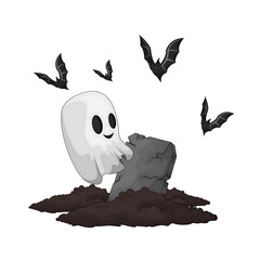 Playful ghost emerging from a grave surrounded by bats in a spooky night scene