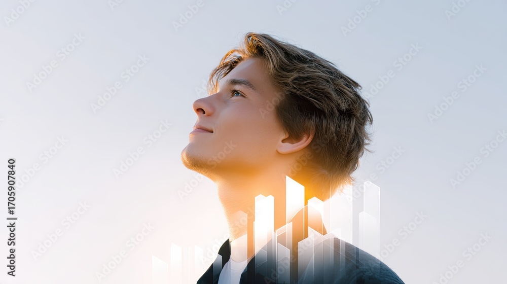 Poster young man with aspirational gaze and abstract chart elements in background representing growth and s