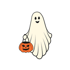 Cartoon ghost holding a pumpkin bucket with a spooky face, set against a simple background