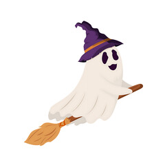 Cartoon ghost character flying on a broomstick, wearing a purple witch hat, cheerful and playful
