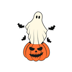 Cartoon ghost emerging from a carved pumpkin with bats flying in the background