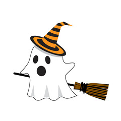 Playful cartoon ghost wearing a witch hat, flying with a broomstick, festive Halloween theme