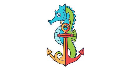 A colorful stylized illustration of a seahorse intertwined with a nautical anchor. © Ika