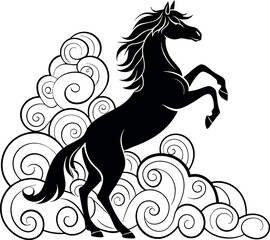Black mustang horse silhouette vector illustration with a flowing mane and tail