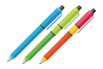 Fototapeta premium Three colorful ballpoint pens lie diagonally against a white background, showcasing blue, green and red