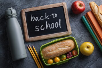 Overhead shot of "back to school" supplies books, lunchbox, fruit, water bottle, and pencils on a textured gray background