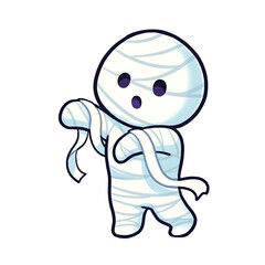 Cute cartoon mummy character playfully unwrapping its bandages in a whimsical setting