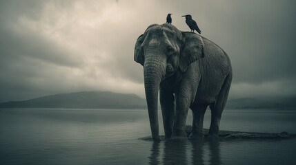 Obraz premium Black and White Style Elephant and Birds