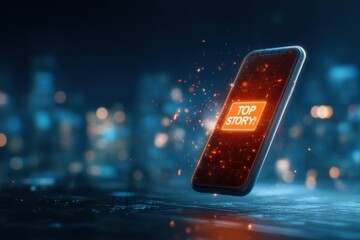 A futuristic smartphone displays the words "TOP STORY," surrounded by luminous sparks against a blurred city background.