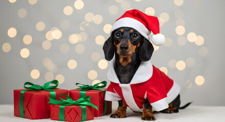 Dachshund in Christmas Outfit &ndash; Festive Scene with Gifts & Lights