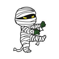 Playful cartoon mummy character dancing in a festive Halloween setting with vibrant colors