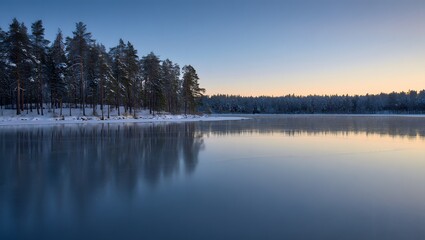 Obraz premium Serene Winter Sunset: Frozen Lake and Snow-Covered Pine Forest Reflection