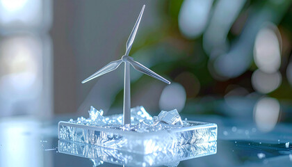 Miniature Wind Turbine Model: A close-up shot of a small-scale wind turbine model sitting on a translucent cube. The scene highlights sustainability, clean energy, and eco-friendliness.