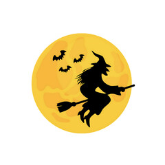 Silhouette of a witch flying on a broomstick across a bright yellow full moon with bats
