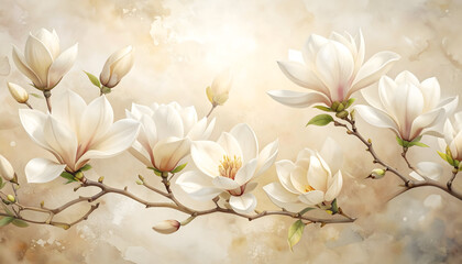 Magnolia Bloom Serenity: Delicate white magnolia blossoms unfurl against a soft, textured background. The artwork conveys a sense of peace and freshness.