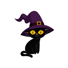 A whimsical black cat wearing a purple witch hat, surrounded by a magical Halloween atmosphere