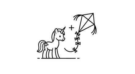 A cute cartoon unicorn standing next to a kite in a simple black line art style. © Ika