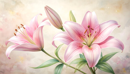 Fototapeta premium Pink Lilies in Full Bloom: A pair of elegant pink lilies, their petals unfurling in a dance of beauty, is artfully presented. showcasing their delicate beauty, the essence of growth.
