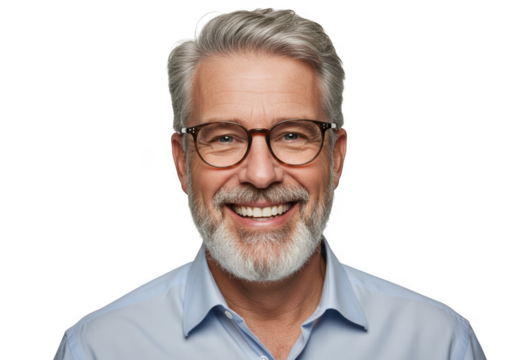 Middle aged man with salt and pepper hair and beard wearing glasses smiling headshot portrait transparent background - Powered by Adobe