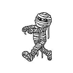 Cartoon mummy character walking playfully against a black background, ideal for Halloween themes