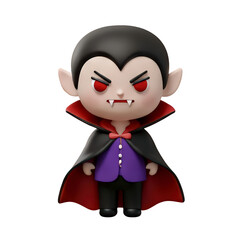 Cute cartoon vampire character with fangs and a cape, set against a simple background
