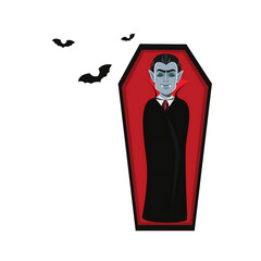 Cartoon vampire character resting in a coffin with bats flying in the background at night