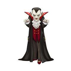 Cartoon vampire character with a sinister expression, standing in a spooky environment