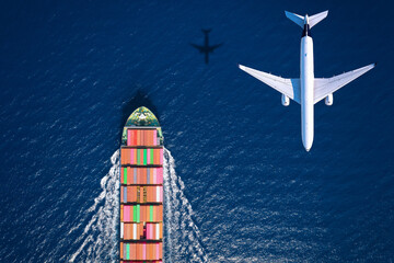 Aerial overhead view of a large container ship and airplane traveling over the ocean as a concept for transport and cargo