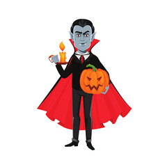 Cartoon vampire holding a pumpkin and candle, dressed in a suit with a red cape, Halloween theme