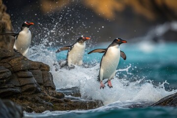 Fototapeta premium Dynamic scene of Rockhopper Penguins leaping from the sea onto jagged rocks