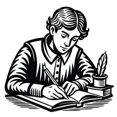 Young man is diligently writing in his book with a quill and ink