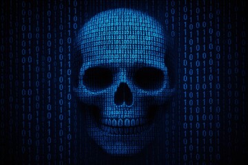 Digital skull emerging from binary code in cyberspace