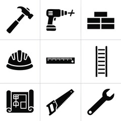 Fototapeta premium A comprehensive set of construction and handyman tool icons, including hammer, drill, bricks, safety helmet, ruler, ladder, blueprint, saw, and wrench
