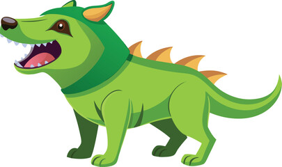 Obraz premium A fun and cute green cartoon dinosaur character, like a baby Tyrannosaurus Rex, is a funny little monster