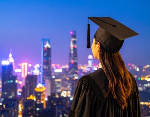 Woman in graduation gown, cityscape view