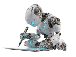 Fototapeta premium Focused 3D Writer Robot in Writing Pose, Optical Sensor Scanning, Articulated Hand with Stylus Over Tablet Screen, Sleek Metallic Finish, Subtle Wear, Glowing Glyphs, Isolated on Transparent Backgroun