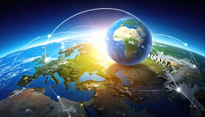 Digital Earth Globe Over Europe and Africa Continents with Global Network Lines in Space Background and Sun Shining Brightly