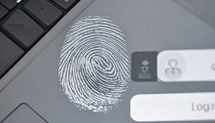 Digital Fingerprint Scan Security Concept on Silver Laptop Gray Keyboard Close Up Top View Biometric Authentication Technology Data Privacy Modern Technology