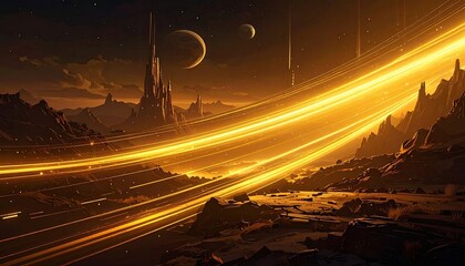 Digital Golden Trails Illuminating a Pixelated Fantasy Landscape at Night with Stars and Planets in the Dark Sky