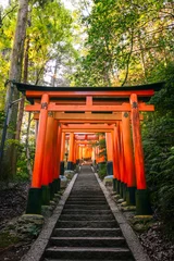 Fotobehang Torii Gates Stone steps lead through vibrant red torii gates of Fushimi Inari Taisha on Mount Inari, Kyoto, captured in soft morning light amidst a sacred forest path  © Artem