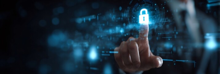 Businessman activating digital lock for cybersecurity in futuristic interface