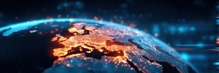 A digital view of Europe illuminated at night, showcasing city lights against a dark backdrop, emphasizing connectivity and modern technology.