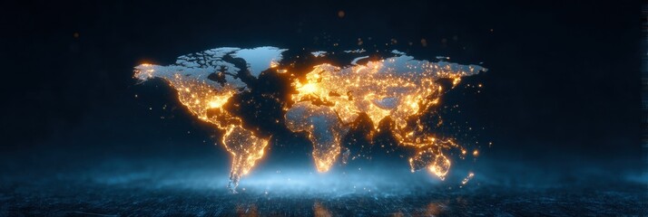 A glowing world map with shimmering lights against a dark background, symbolizing global connectivity and digital innovation.