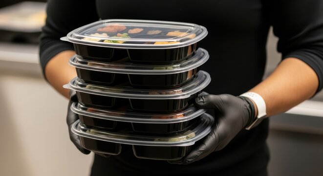 A person wearing black gloves holds a tall stack of sealed takeout food containers