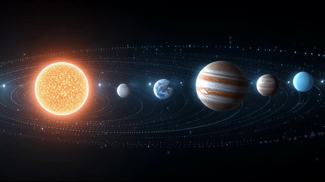 A close up of the planets in the solar system. The sun is in the center and the planets are arranged in a row